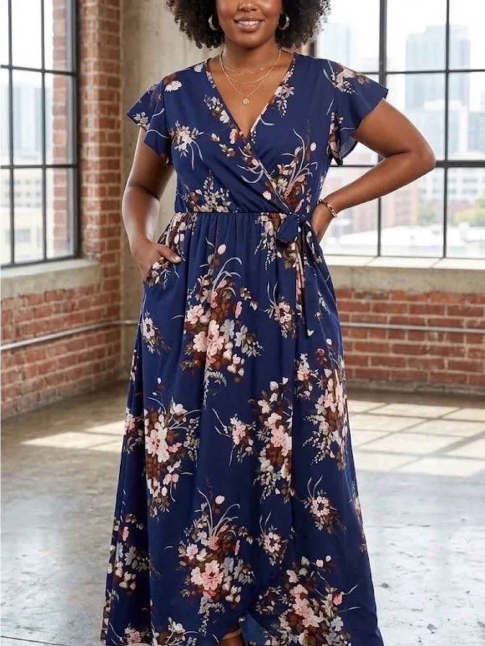 Navy Floral Wrap Maxi Dress with Tie Waist